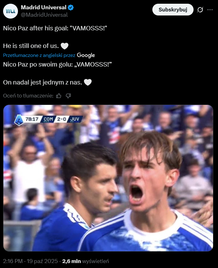 FANOWSKIE KONTO Realu Madryt i jego komentarz do CELEBRACJI BRAMKI Nico Paza xD